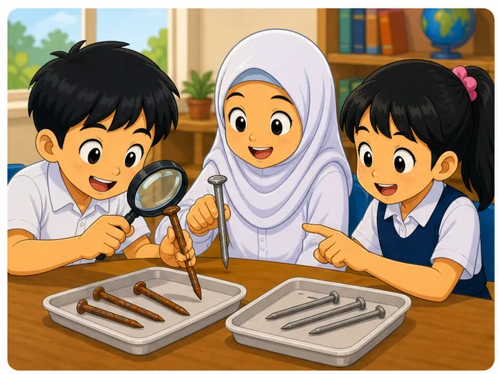 Murid membandingkan paku berkarat dan paku tidak berkarat