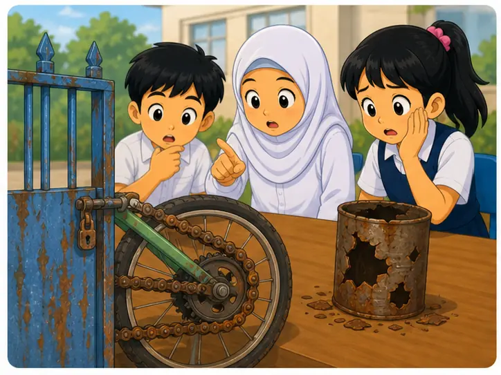 Murid melihat kesan karat pada pagar, rantai dan bekas besi