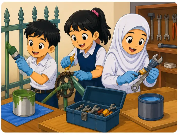Murid mengecat dan menyapu minyak pada objek besi
