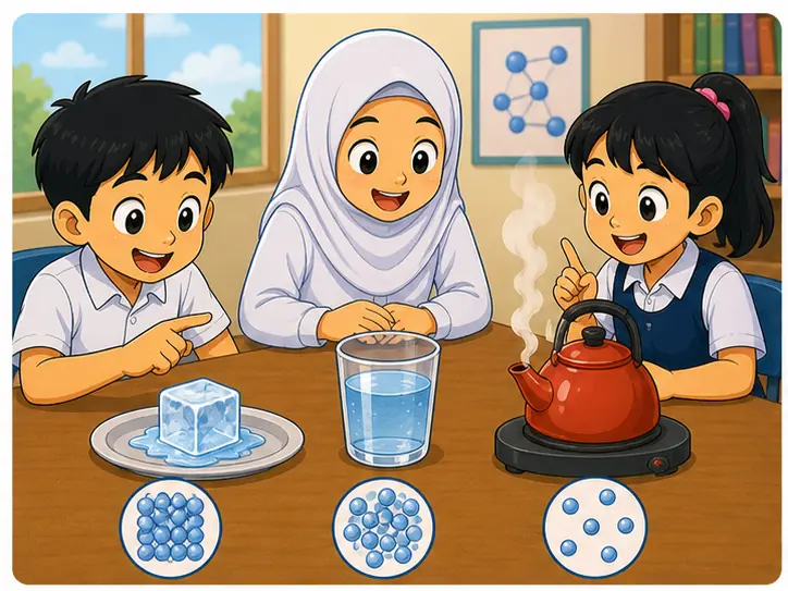 Murid membandingkan ais, air dan wap air