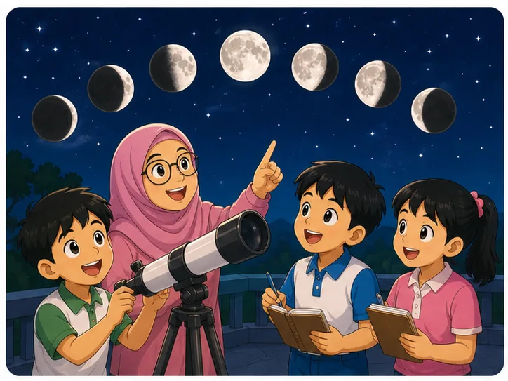 Murid memerhati fasa Bulan pada waktu malam