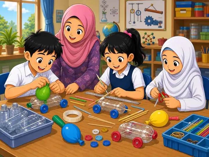 Murid membina kereta belon sambil memerhati mengukur dan merekod data