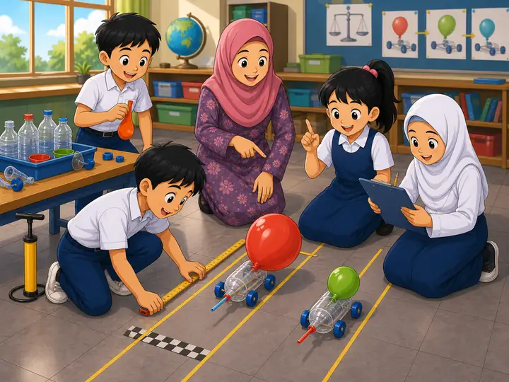 Murid menjalankan ujian adil menggunakan kereta belon dan pemboleh ubah