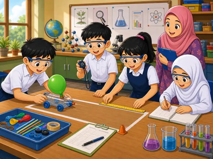Murid menjalankan eksperimen kereta belon secara selamat dan sistematik