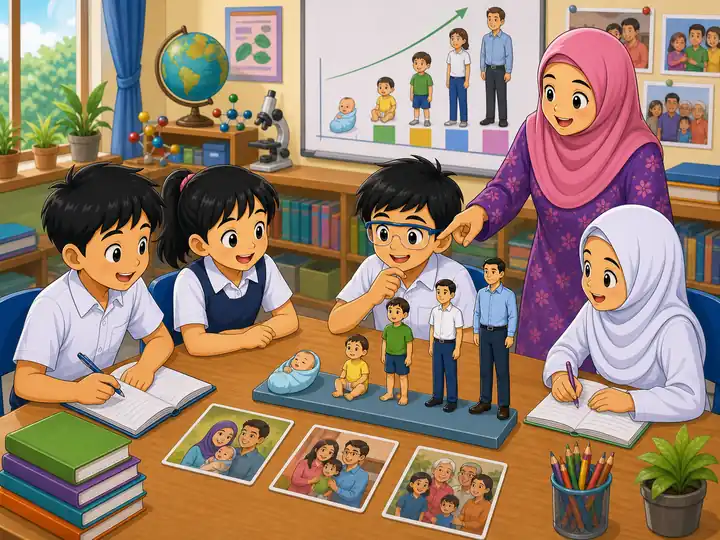 Murid belajar tentang pembiakan dan tumbesaran manusia