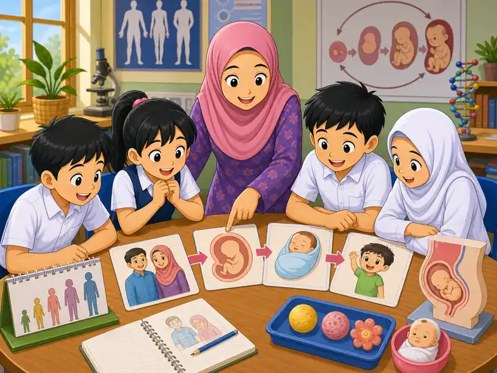 Murid menyusun urutan perkembangan manusia secara berhemah