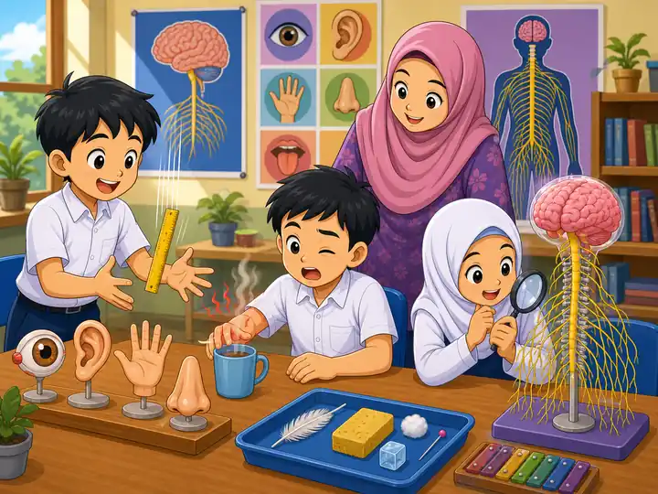 Murid belajar sistem saraf dan gerak balas terhadap rangsangan