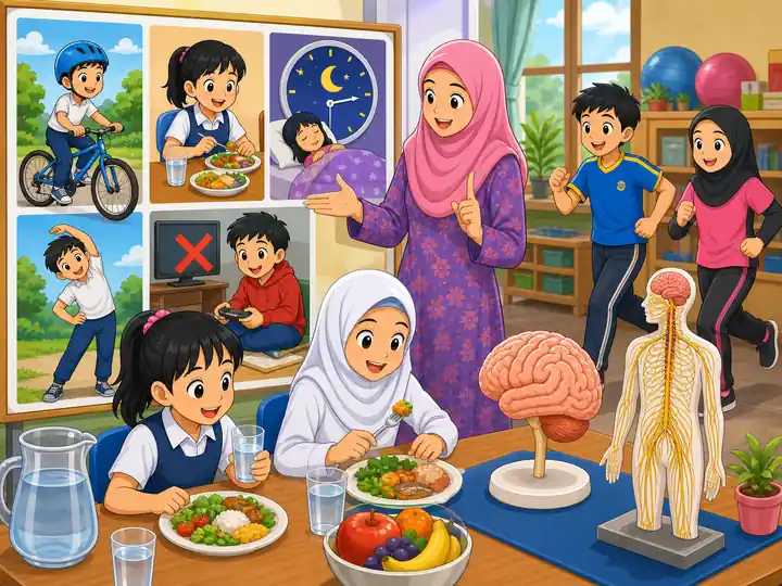 Murid mengamalkan cara menjaga sistem saraf dan kesihatan badan