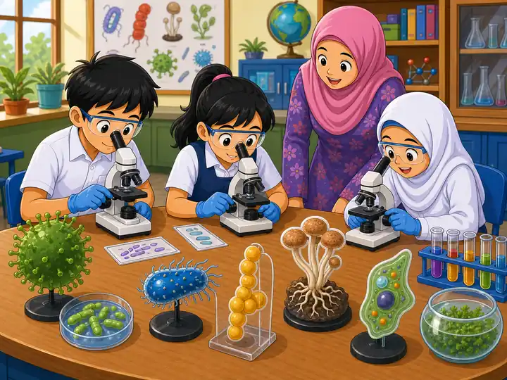 Murid melihat mikroorganisma menggunakan mikroskop