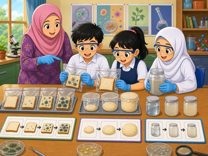 Murid memerhati pertumbuhan mikroorganisma pada sampel tertutup
