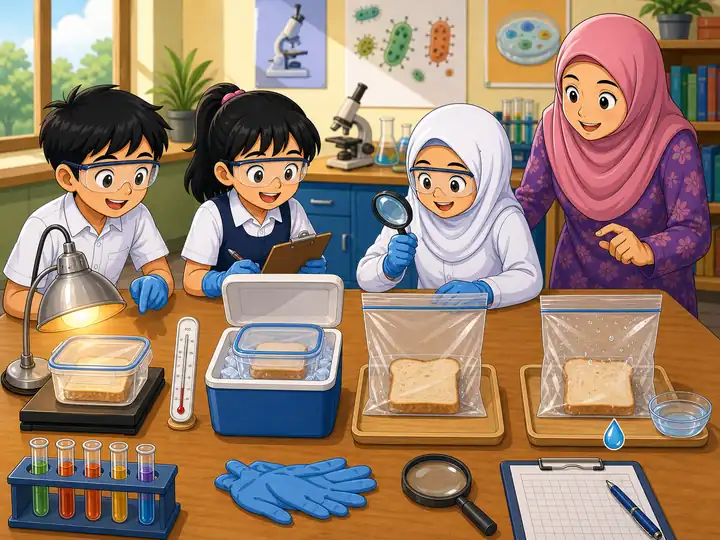 Murid membandingkan faktor pertumbuhan mikroorganisma