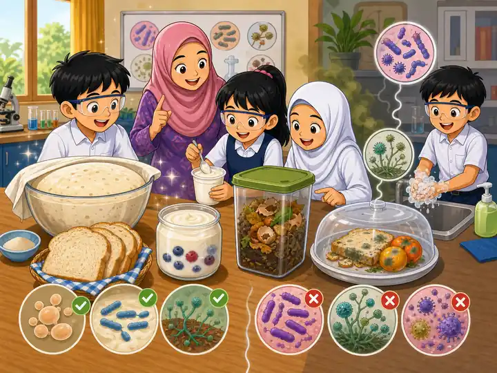 Murid belajar kegunaan dan keburukan mikroorganisma