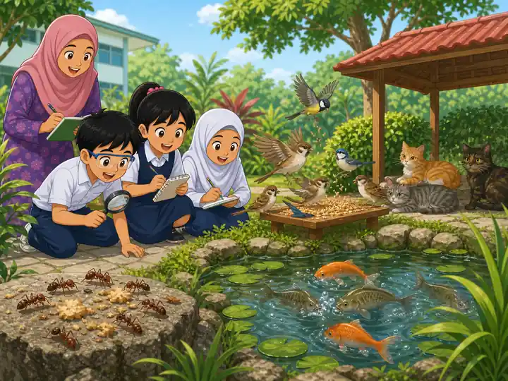 Murid memerhati persaingan antara haiwan di habitat