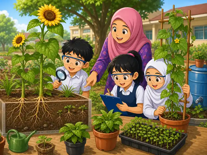 Murid memerhati persaingan antara tumbuhan di taman sekolah