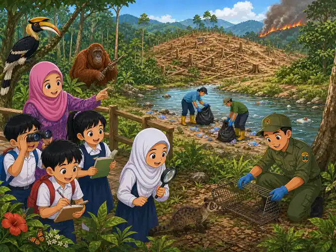 Murid memerhati punca ancaman terhadap hidupan dan habitat