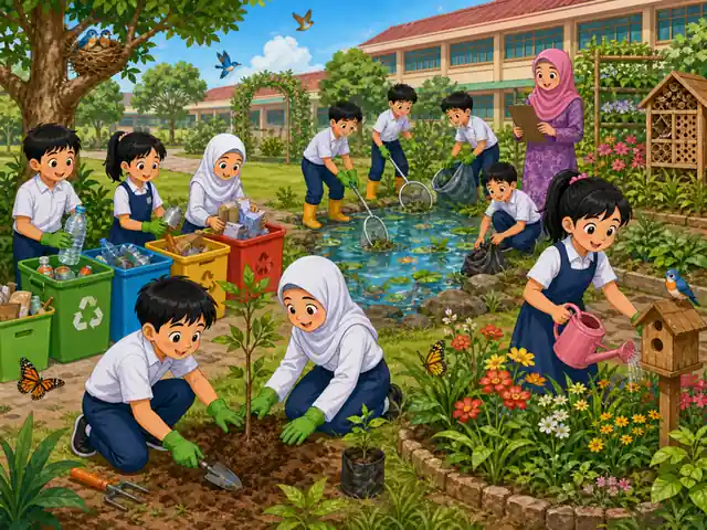 Murid menjalankan projek sekolah untuk menjaga alam sekitar