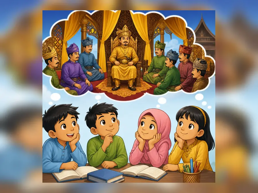 Ilustrasi kartun Sejarah Tahun 4 Unit 8 Muka 1