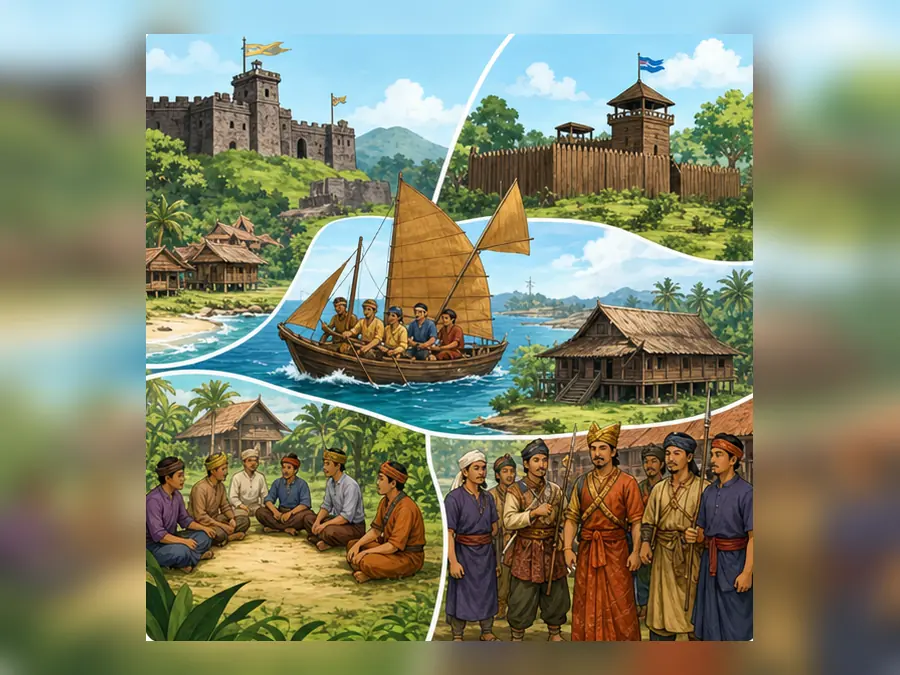 Ilustrasi kartun Sejarah Tahun 5 Unit 5 Muka 3