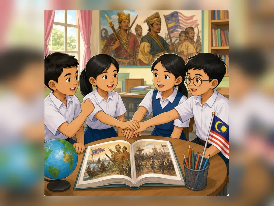 Ilustrasi kartun Sejarah Tahun 5 Unit 5 Muka 4