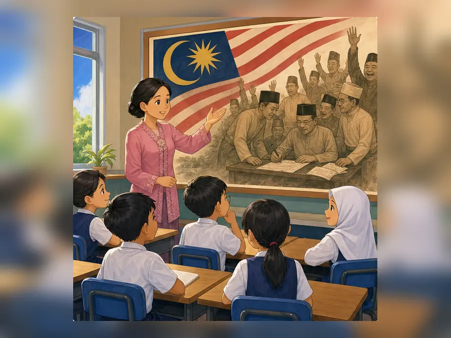 Ilustrasi kartun Sejarah Tahun 6 Unit 3 Muka 1
