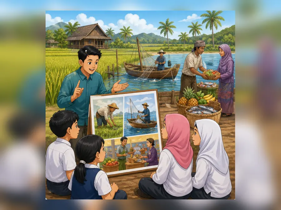 Ilustrasi kartun Sejarah Tahun 6 Unit 8 Muka 1