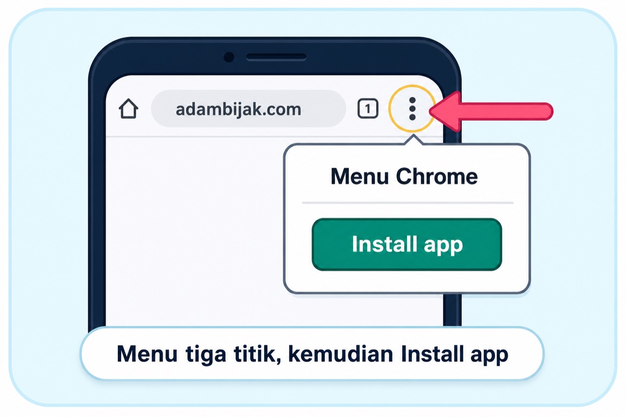 Menu tiga titik Chrome, kemudian pilih Install app