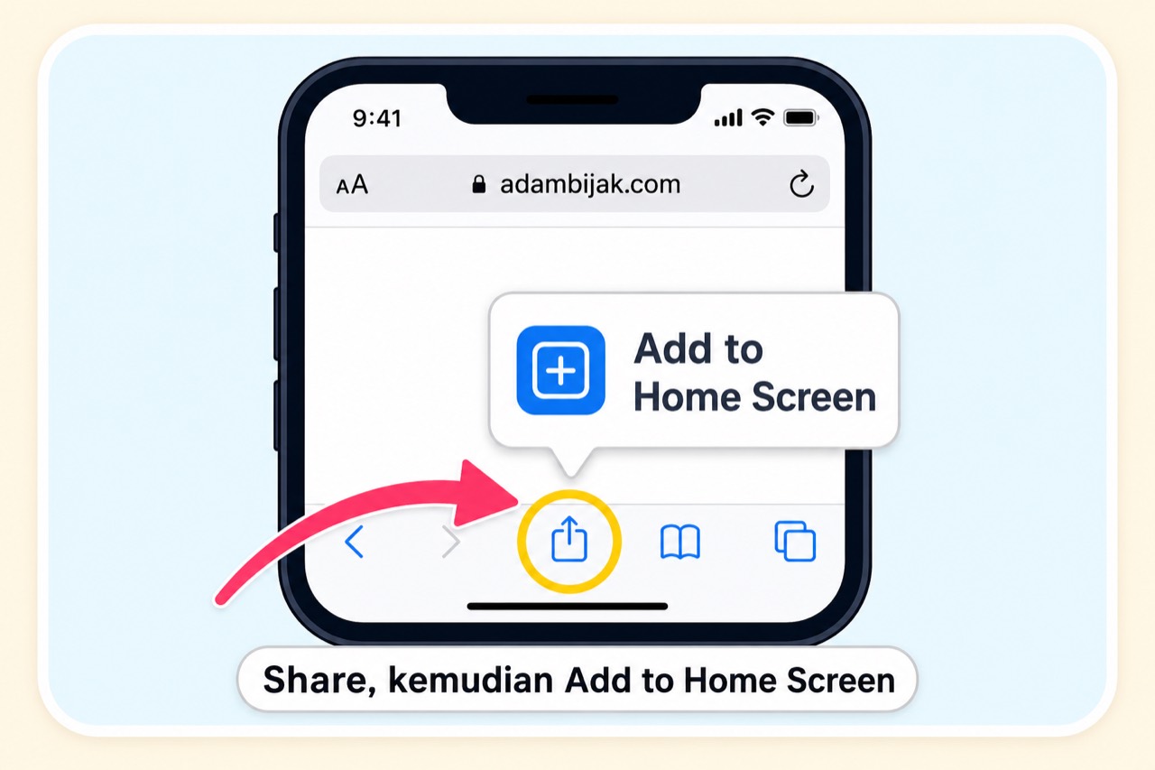 Tekan Share di Safari, kemudian pilih Add to Home Screen