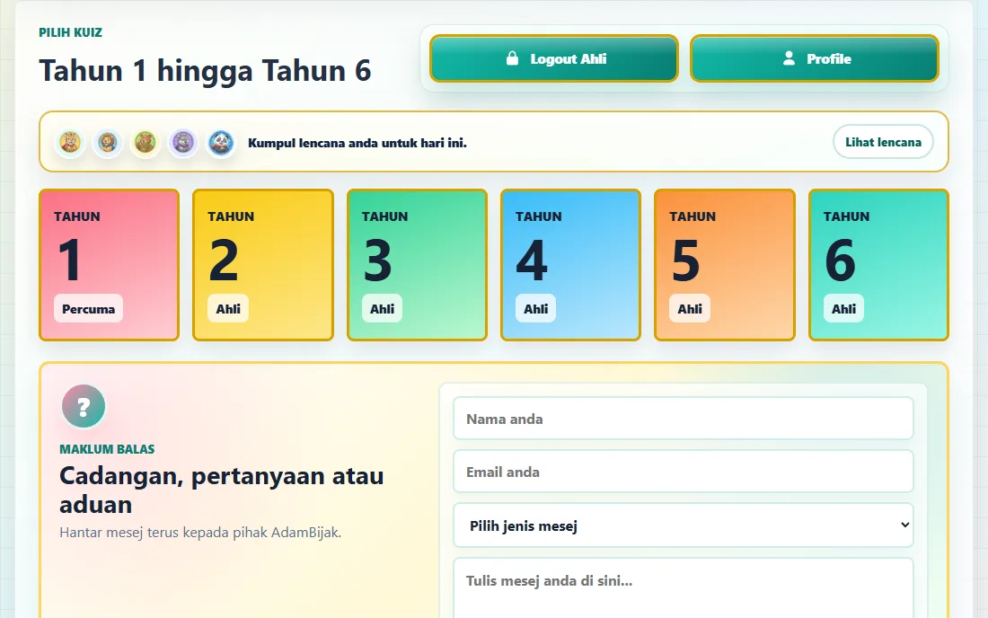 Paparan halaman utama AdamBijak dengan pilihan tahun dan peringatan lencana harian
