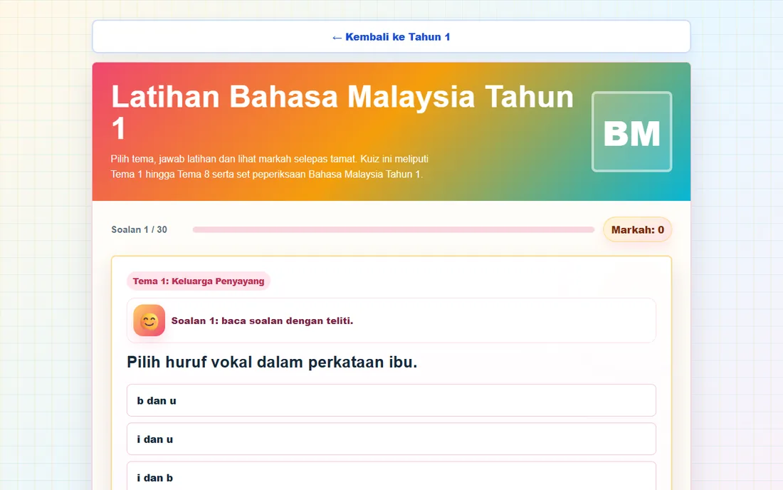 Contoh soalan kuiz Bahasa Malaysia Tahun 1 di AdamBijak