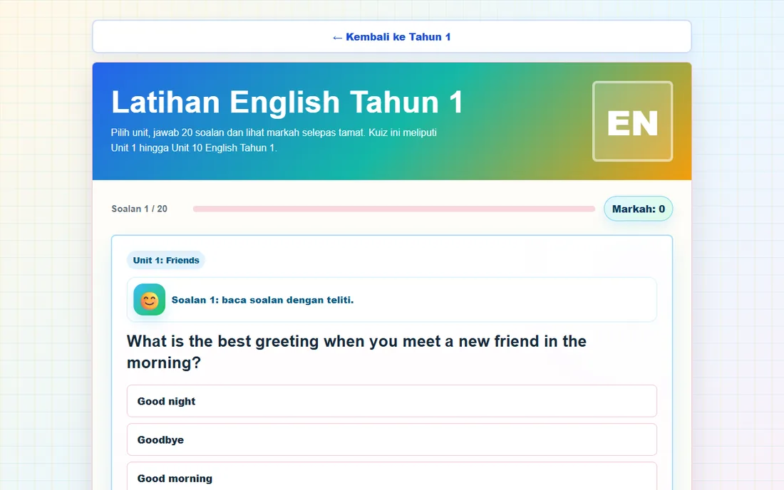 Contoh soalan kuiz English Tahun 1 di AdamBijak
