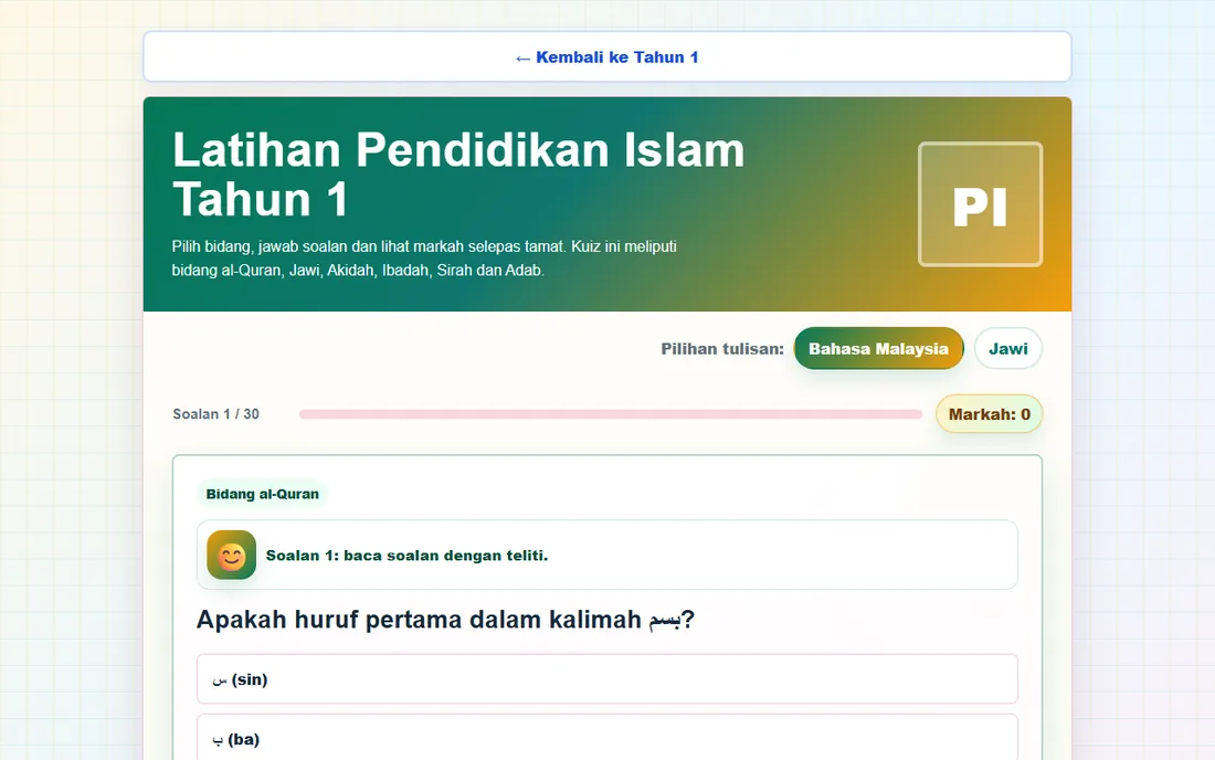 Contoh soalan kuiz Pendidikan Islam Tahun 1 di AdamBijak